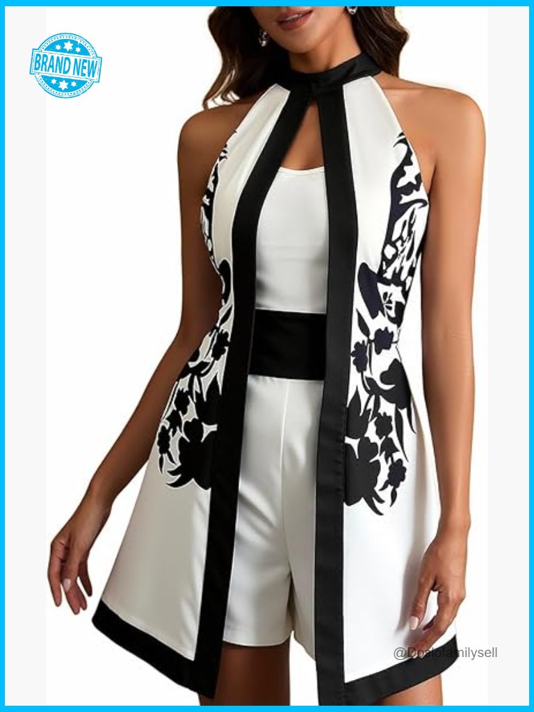 Retro Print Halter Romper Elegant Split Front Sleeveless Evening Party Short